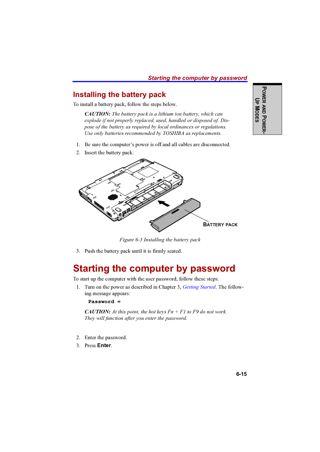 Toshiba A100 user manual Starting the computer by password, Installing the battery pack 