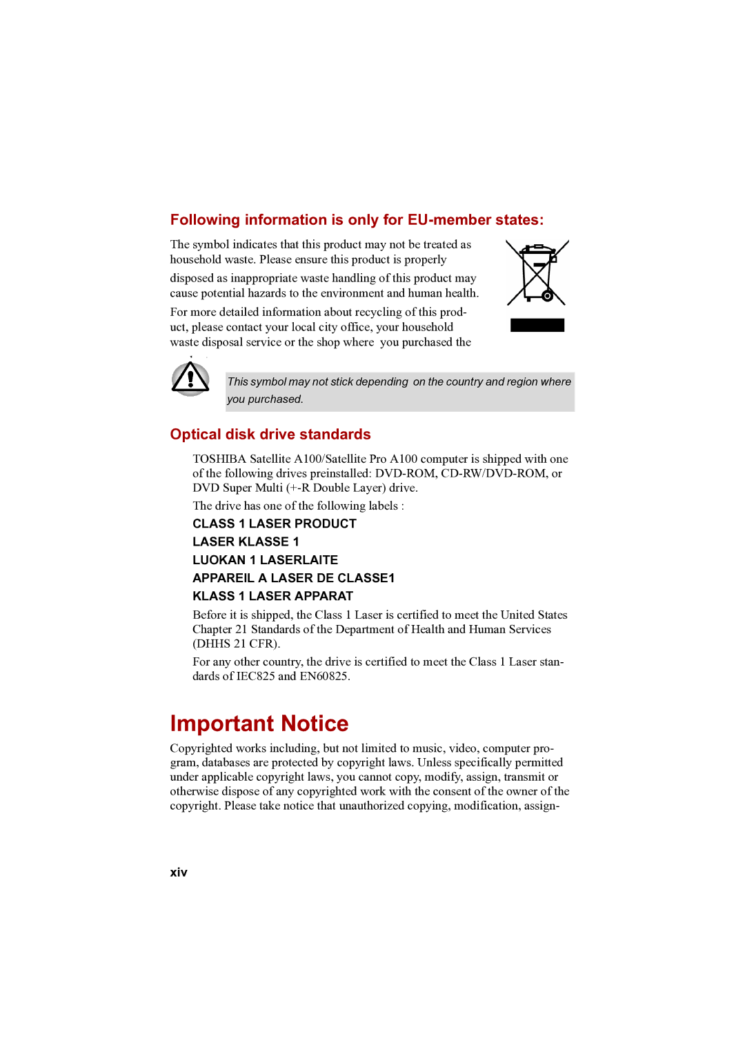 Toshiba A100 Important Notice, Following information is only for EU-member states, Optical disk drive standards, Xiv 