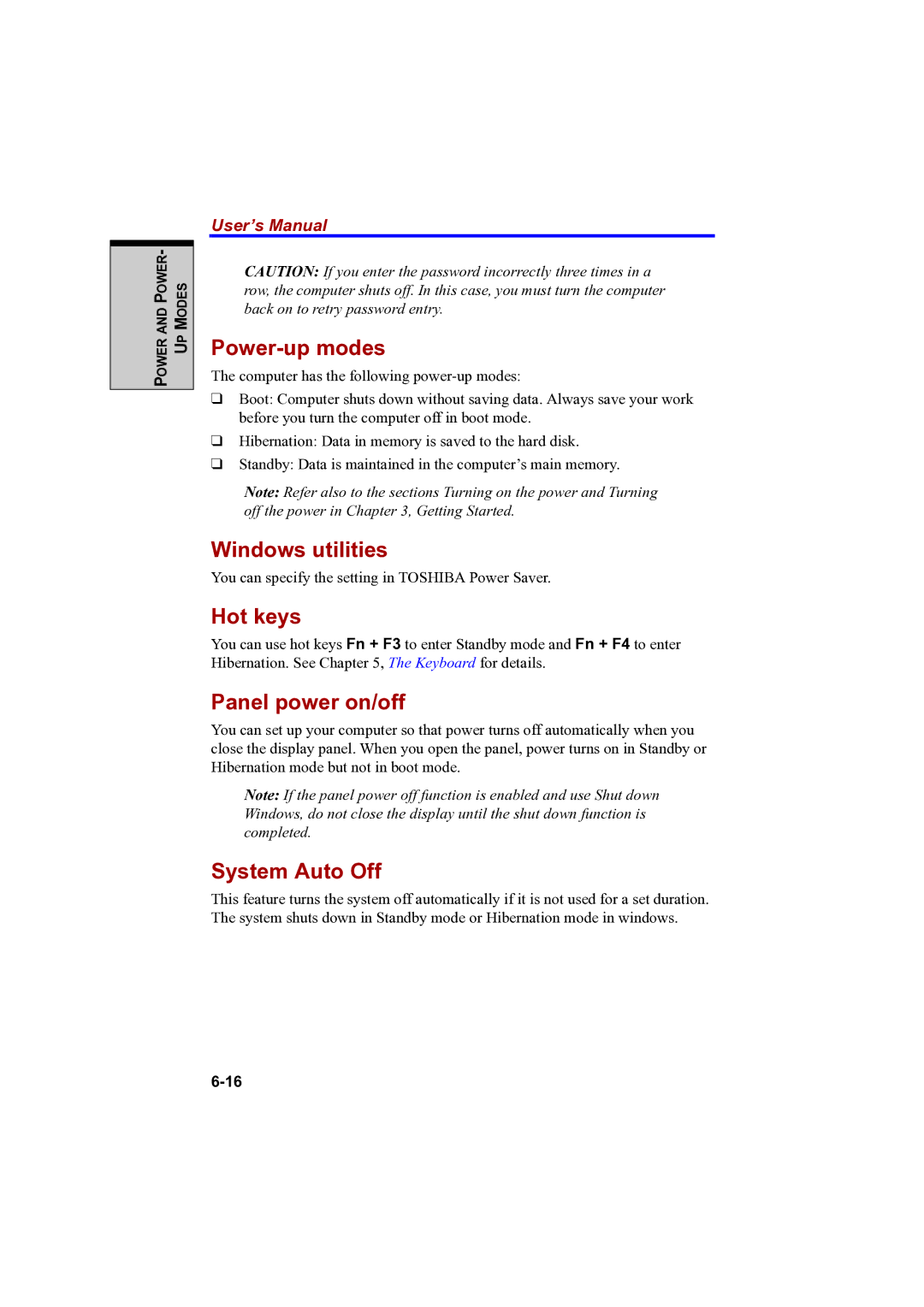 Toshiba A100 user manual Power-up modes, Windows utilities, Panel power on/off, System Auto Off 