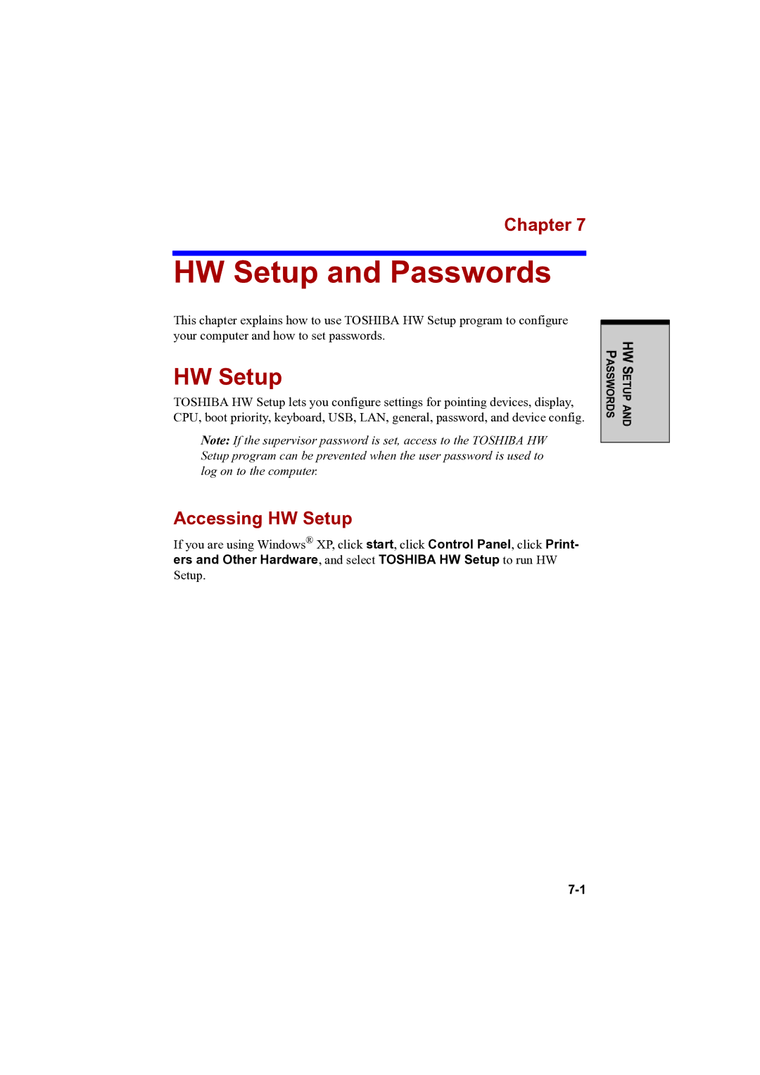 Toshiba A100 user manual HW Setup and Passwords, Accessing HW Setup 