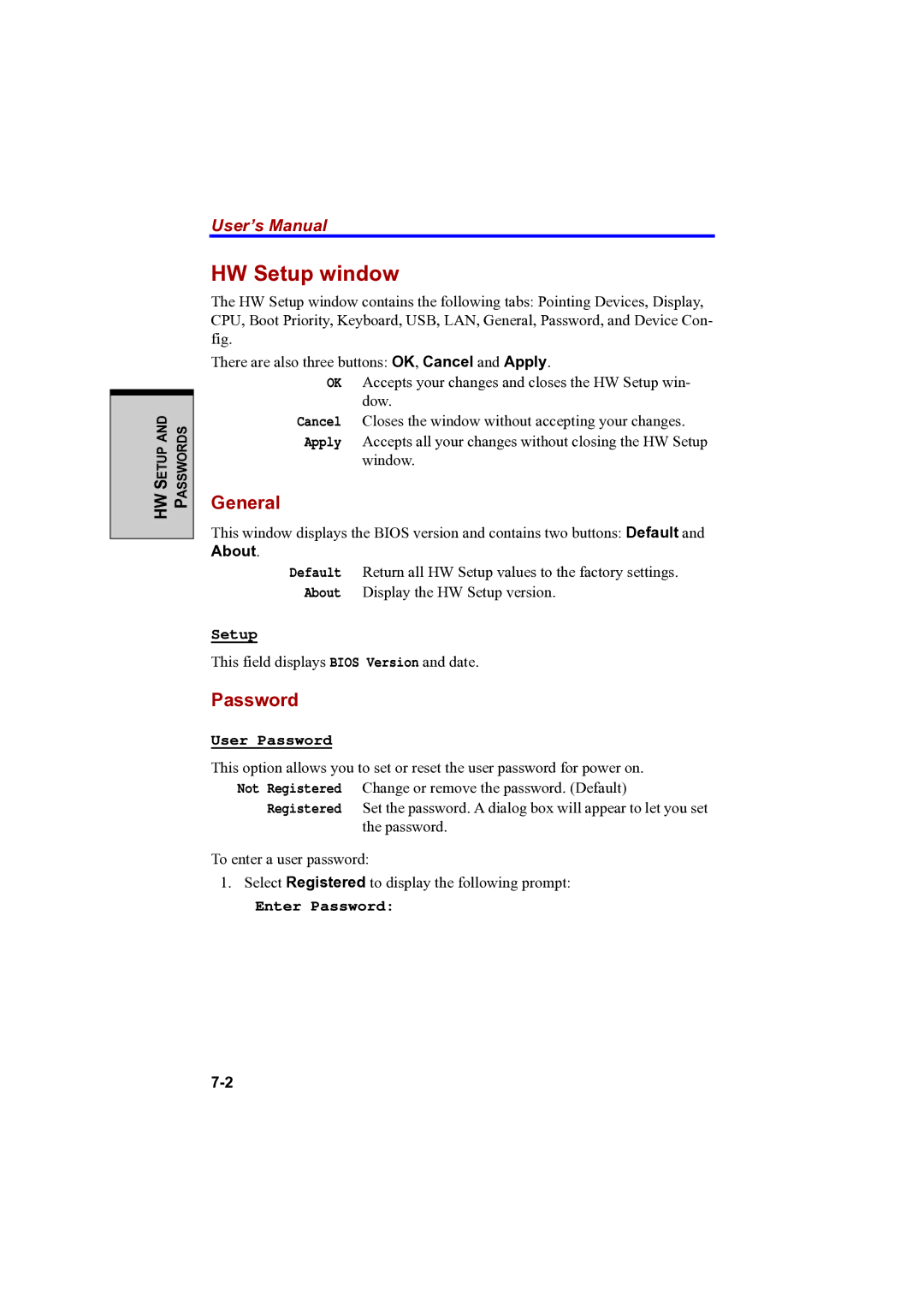 Toshiba A100 user manual HW Setup window, General, Password 