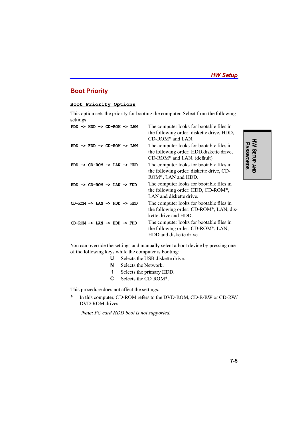 Toshiba A100 user manual Boot Priority Options 