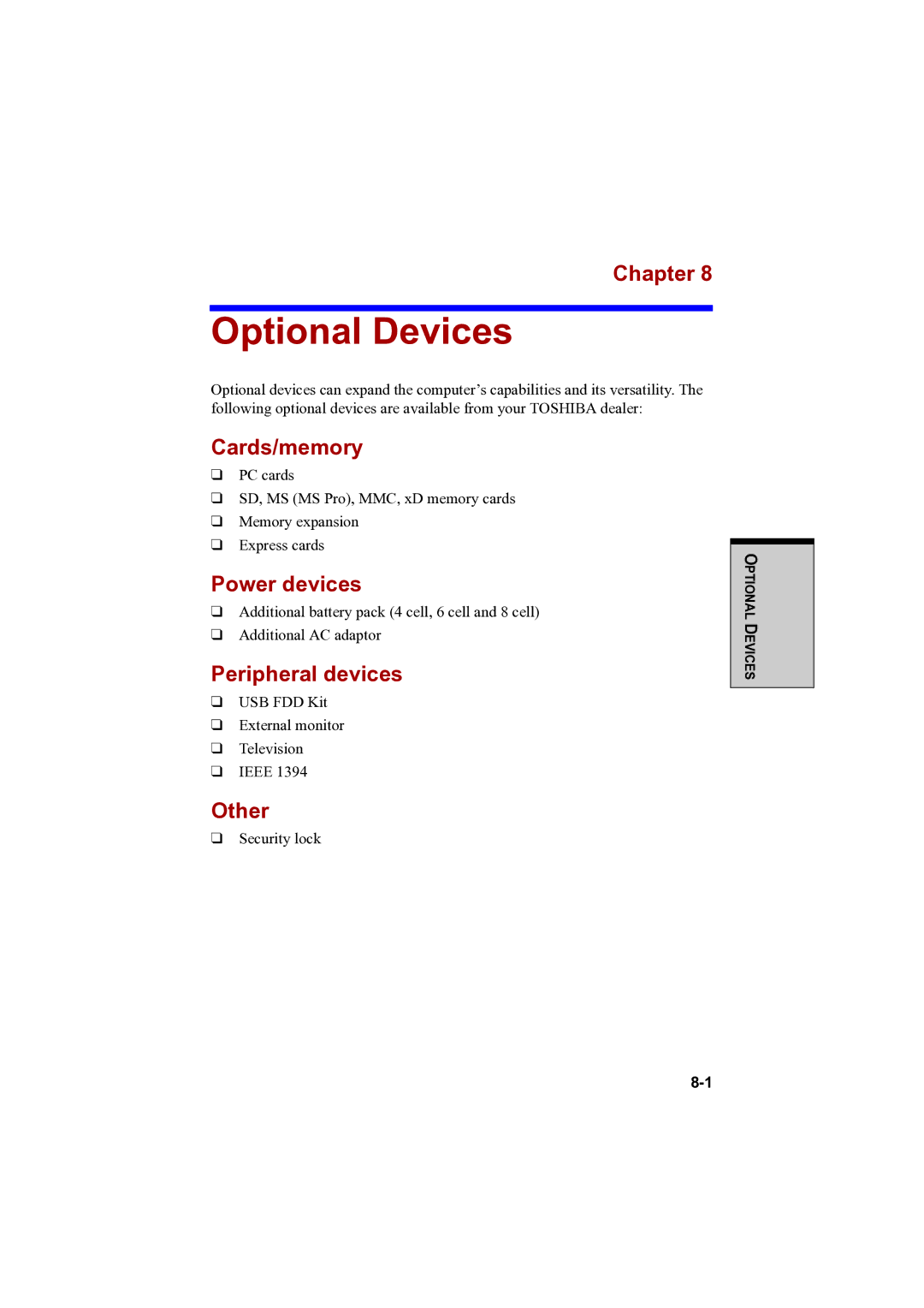 Toshiba A100 user manual Optional Devices, Cards/memory, Power devices, Peripheral devices, Other 