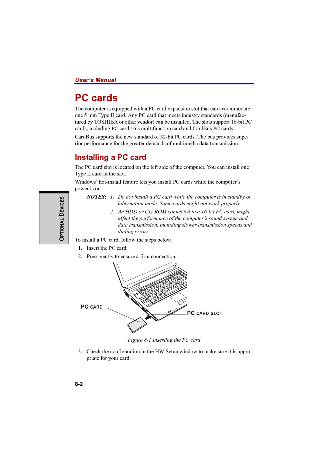 Toshiba A100 user manual PC cards, Installing a PC card 