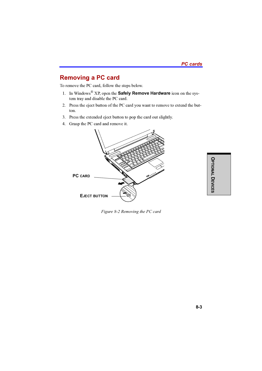 Toshiba A100 user manual Removing a PC card, PC cards 