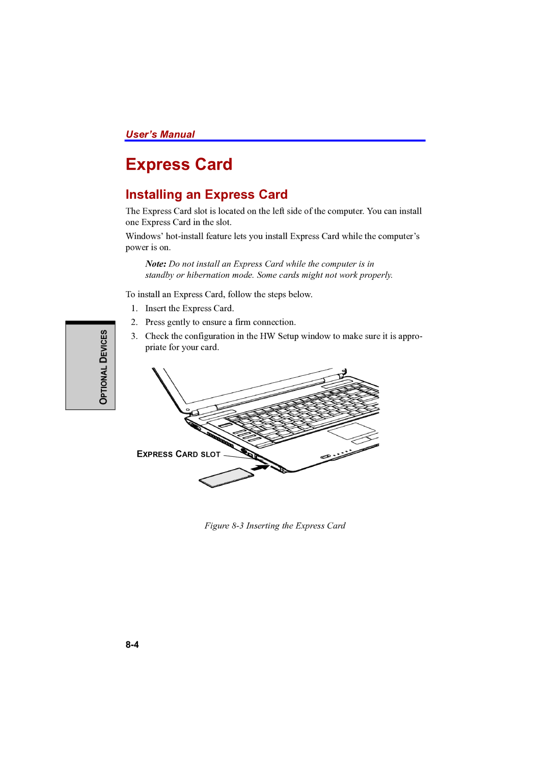 Toshiba A100 user manual Installing an Express Card 