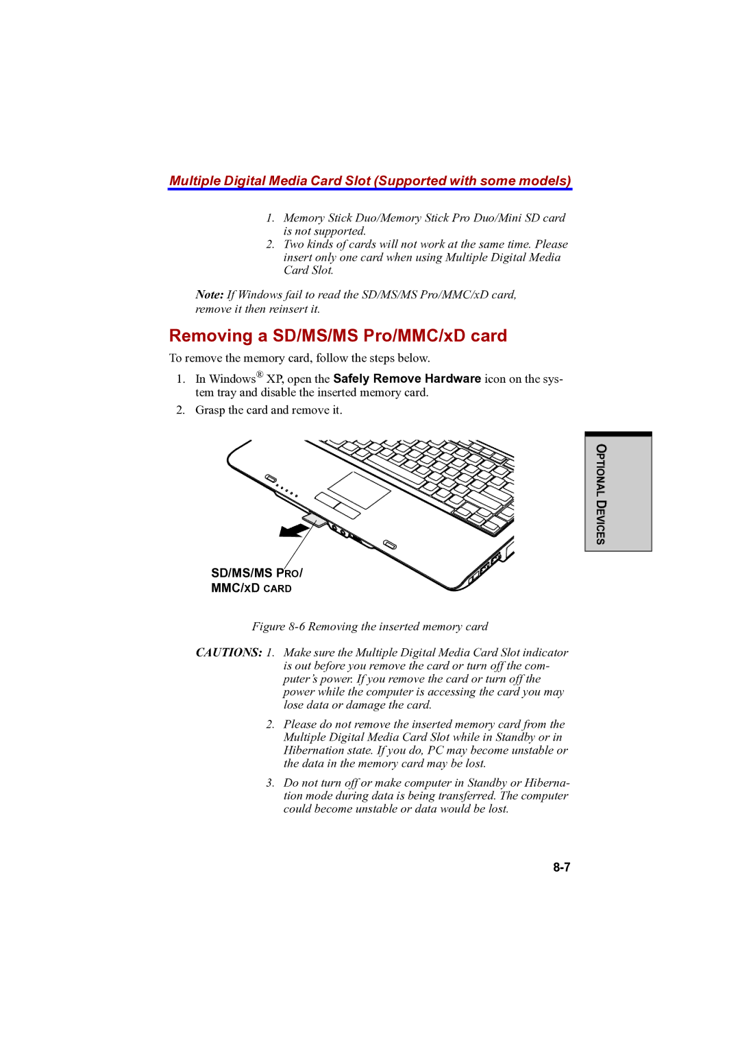 Toshiba A100 user manual Removing a SD/MS/MS Pro/MMC/xD card, Multiple Digital Media Card Slot Supported with some models 