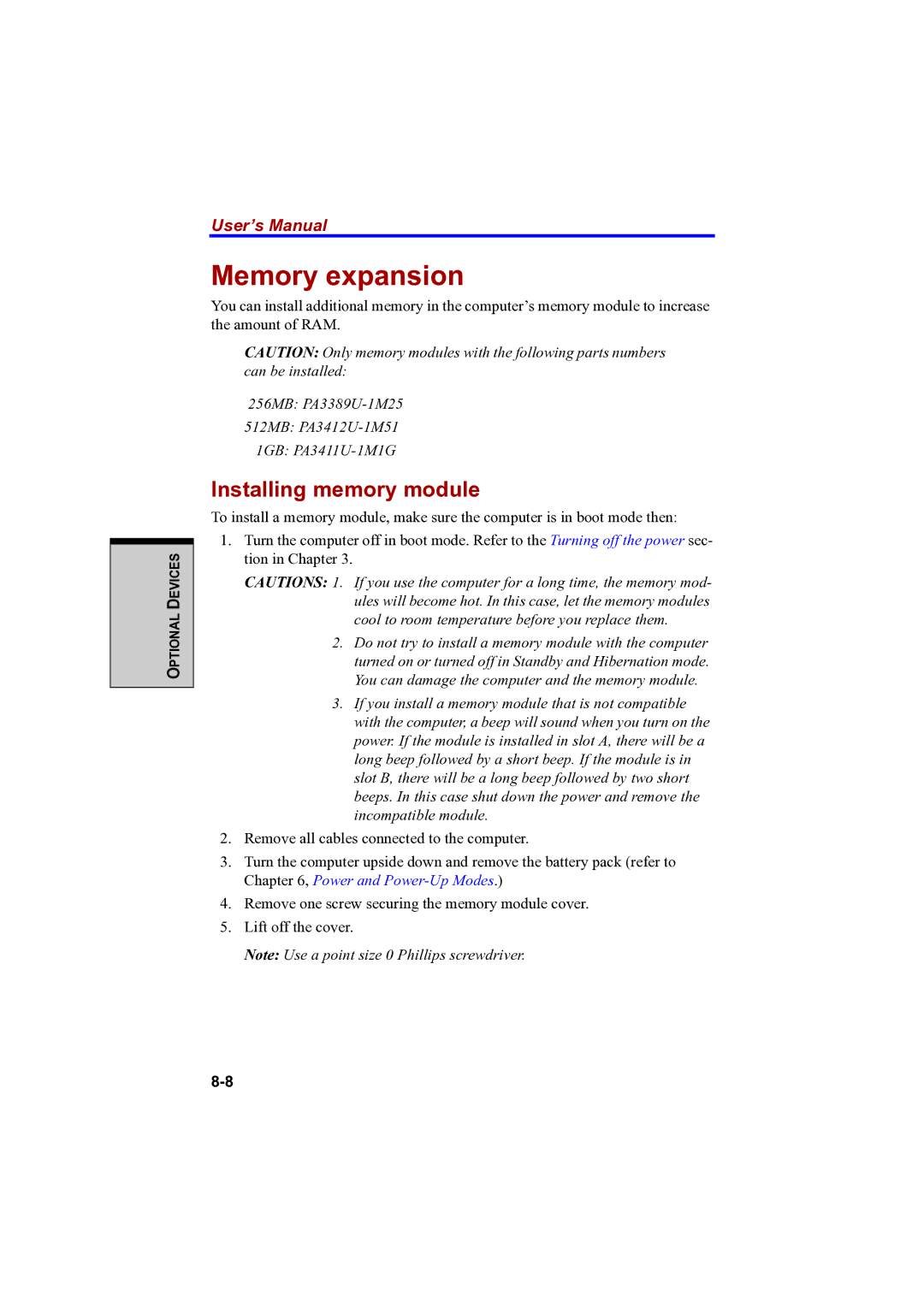 Toshiba A100 user manual Memory expansion, Installing memory module 