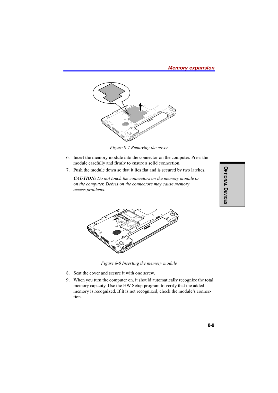 Toshiba A100 user manual Memory expansion, Removing the cover 