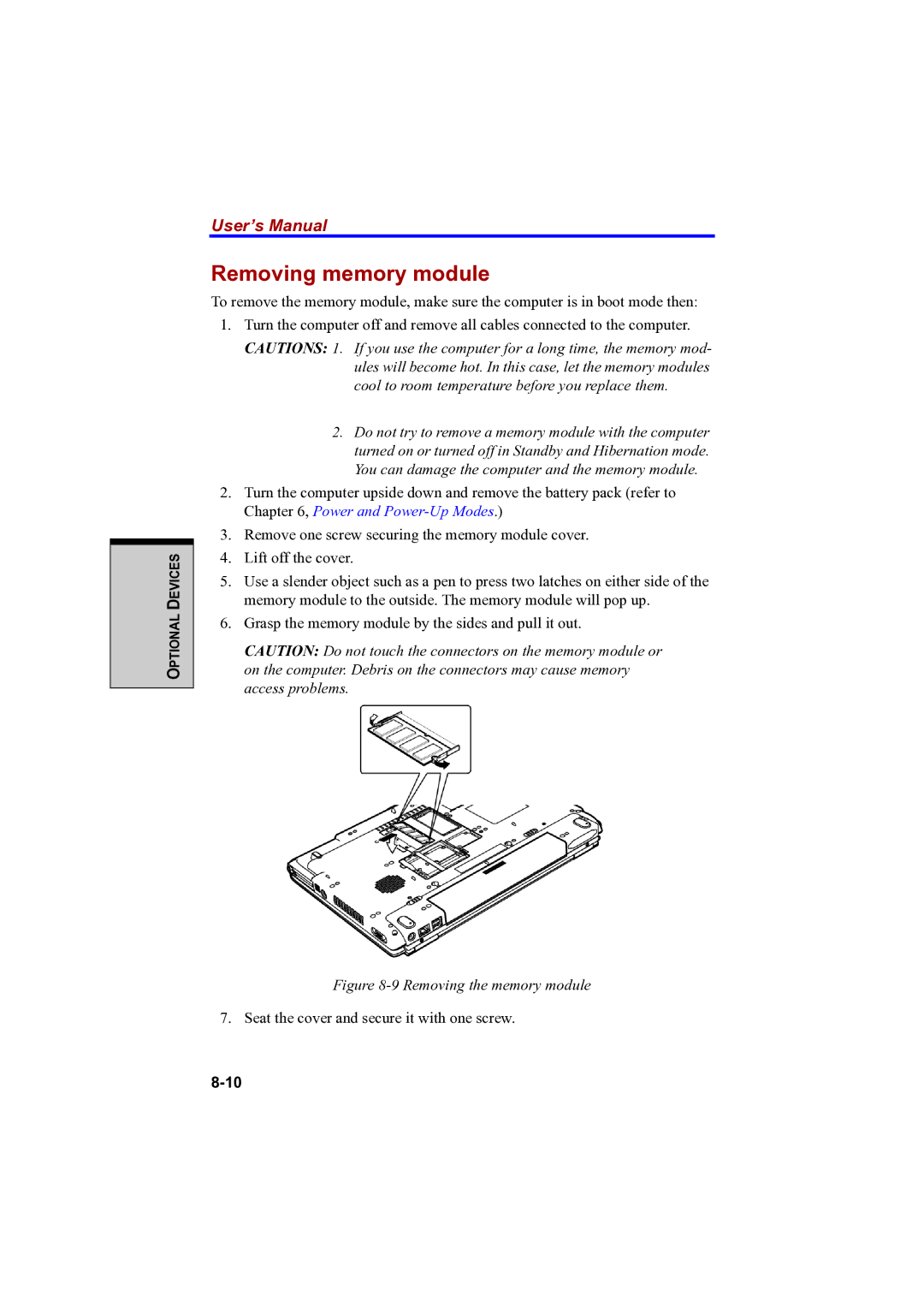 Toshiba A100 user manual Removing memory module, Removing the memory module 