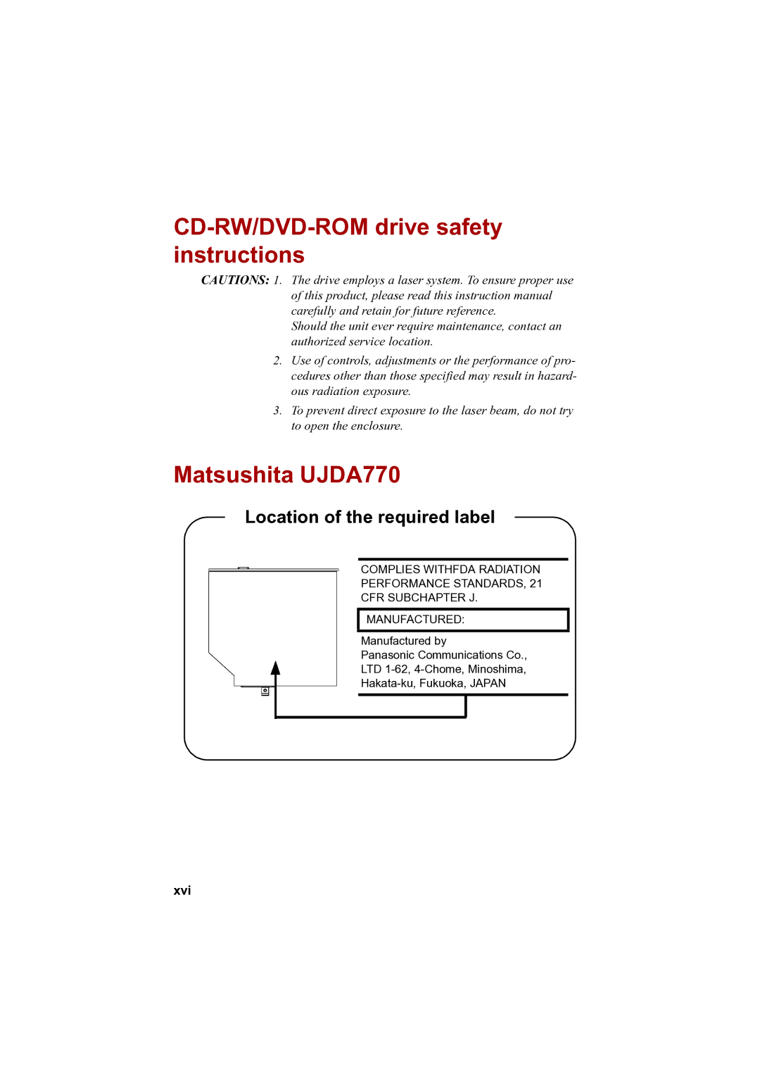 Toshiba A100 user manual CD-RW/DVD-ROM drive safety instructions, Matsushita UJDA770, Xvi 