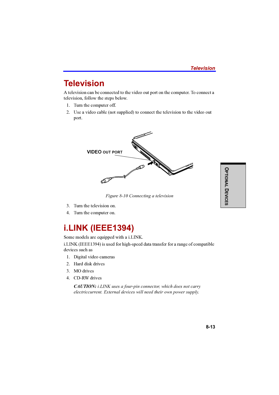 Toshiba A100 user manual Television, Link IEEE1394 