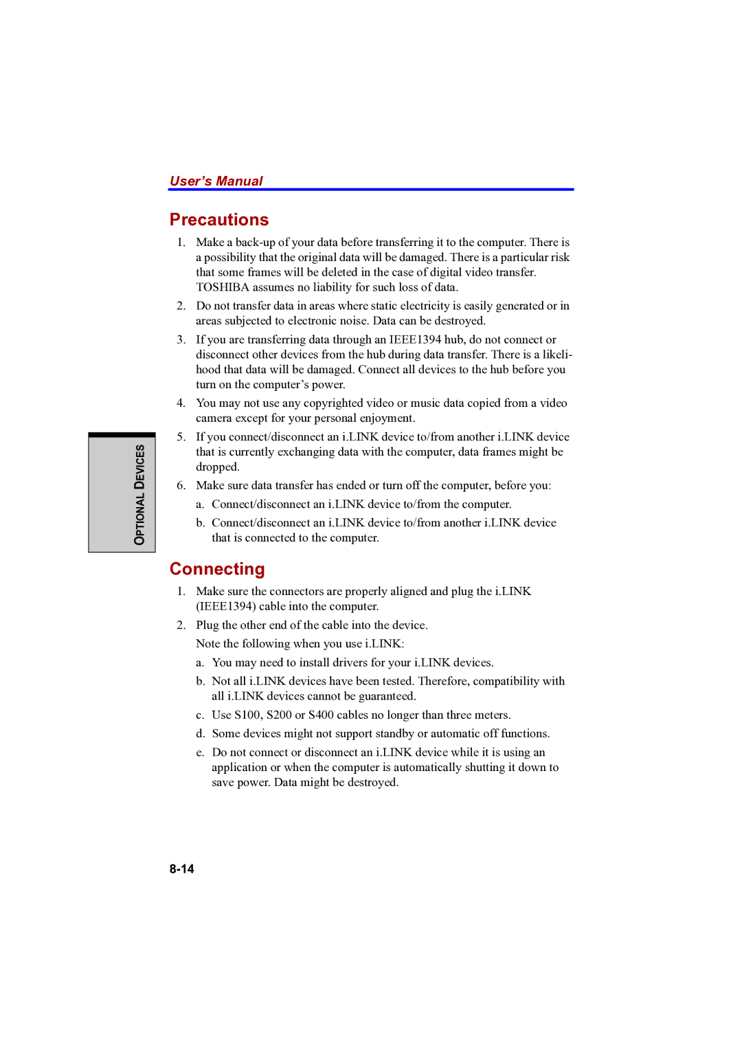 Toshiba A100 user manual Precautions, Connecting 