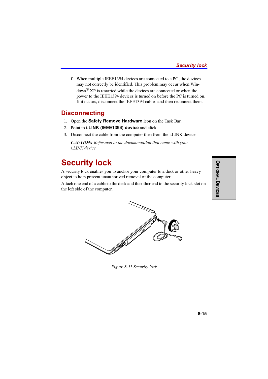 Toshiba A100 user manual Security lock, Disconnecting, Point to i.LINK IEEE1394 device and click 