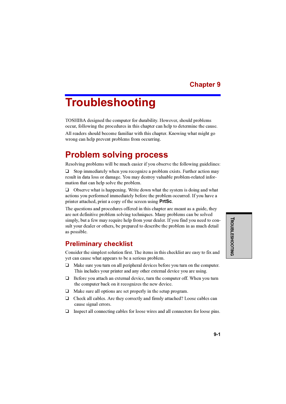 Toshiba A100 user manual Troubleshooting, Problem solving process, Preliminary checklist 