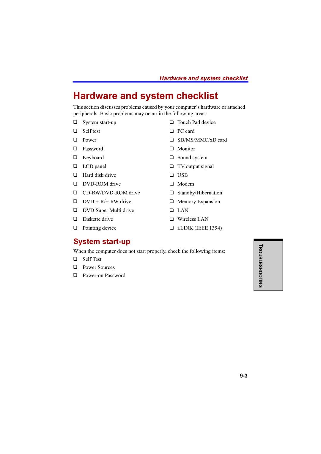 Toshiba A100 user manual Hardware and system checklist, System start-up 