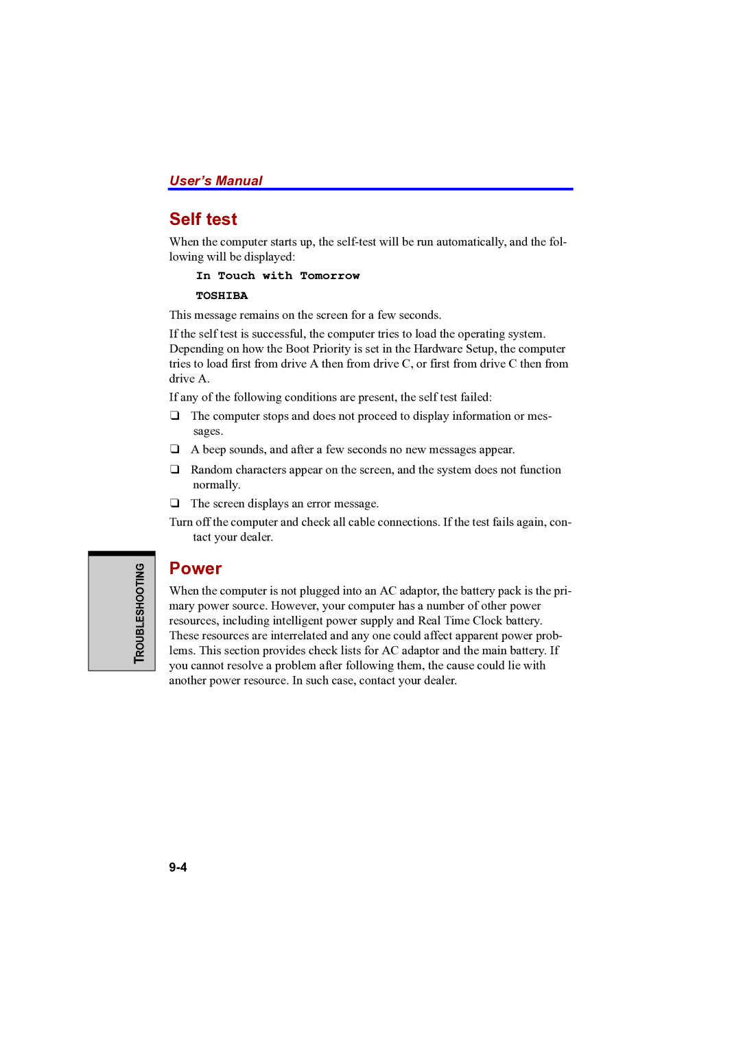 Toshiba A100 user manual Self test, Power 