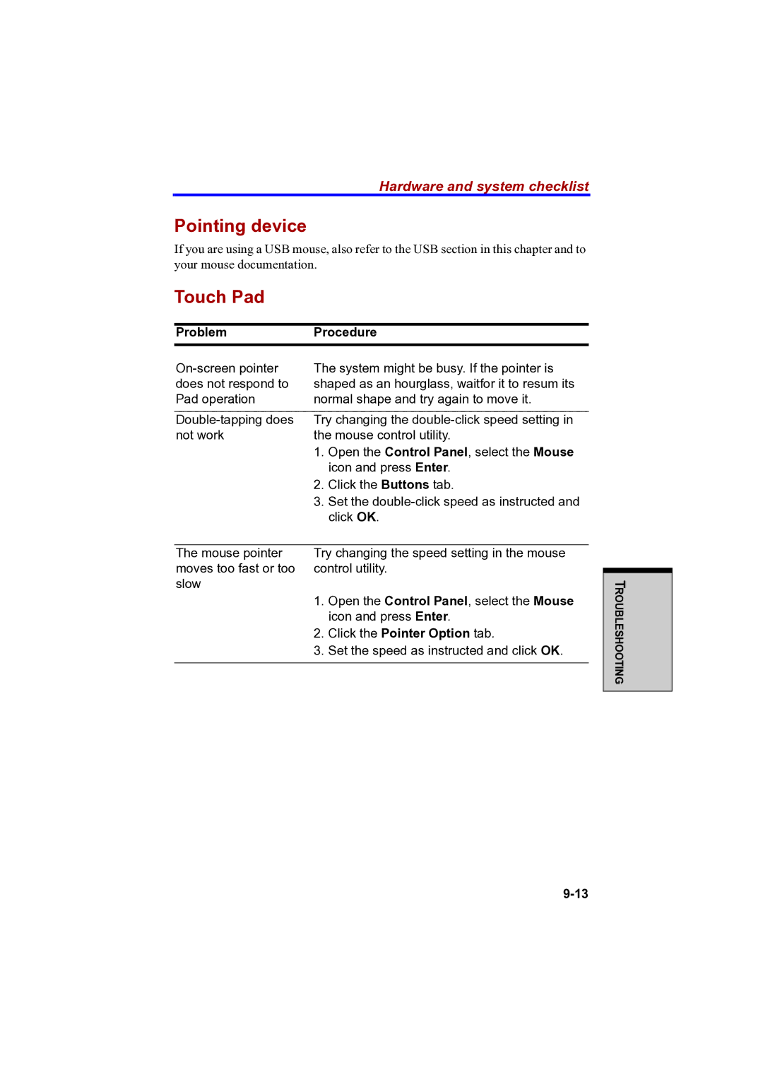 Toshiba A100 user manual Pointing device, Touch Pad, Click the Pointer Option tab 