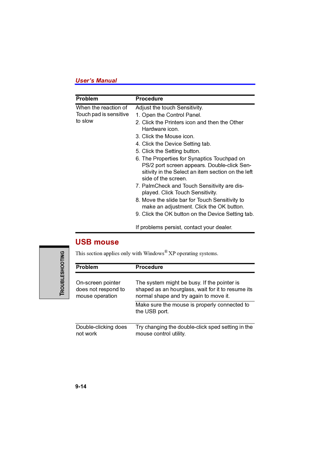 Toshiba A100 user manual USB mouse 