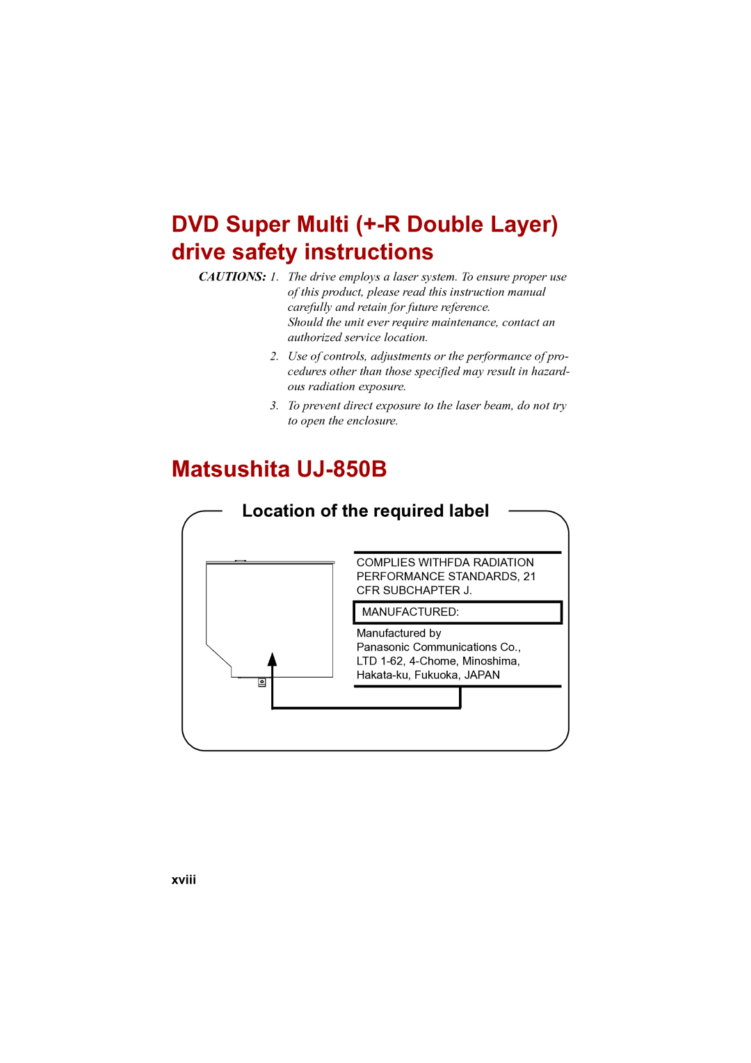 Toshiba A100 user manual DVD Super Multi +-R Double Layer drive safety instructions, Matsushita UJ-850B, Xviii 