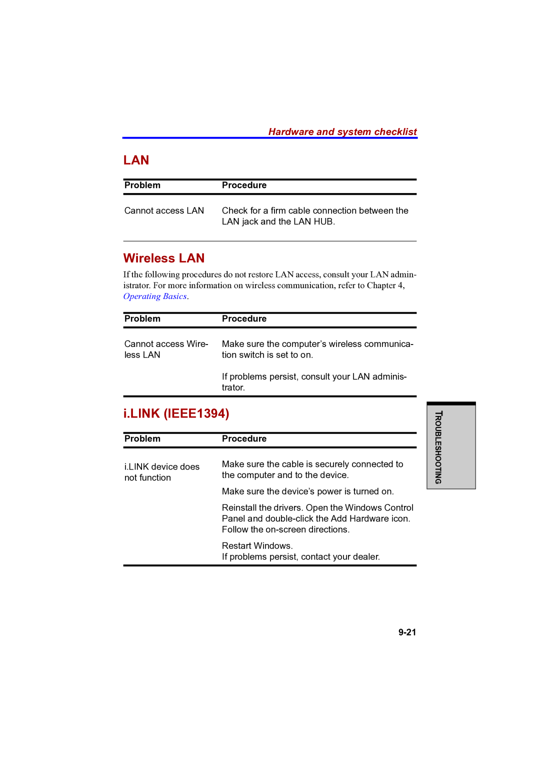 Toshiba A100 user manual Lan, Link IEEE1394 