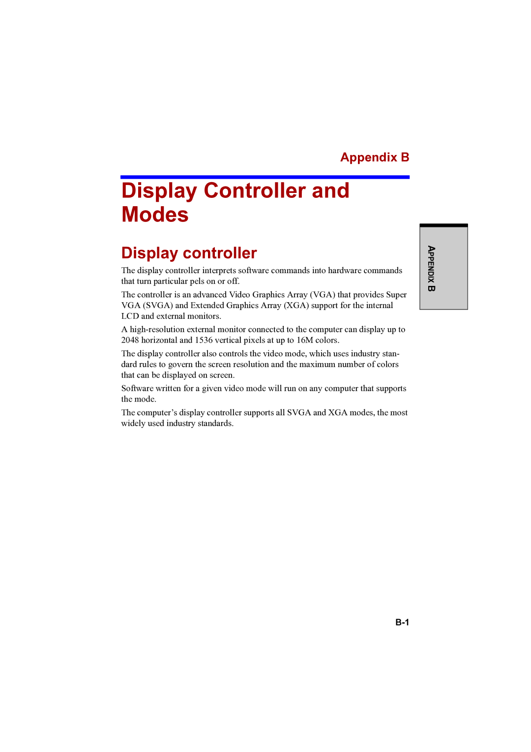 Toshiba A100 user manual Display Controller and Modes, Display controller, Appendix B 