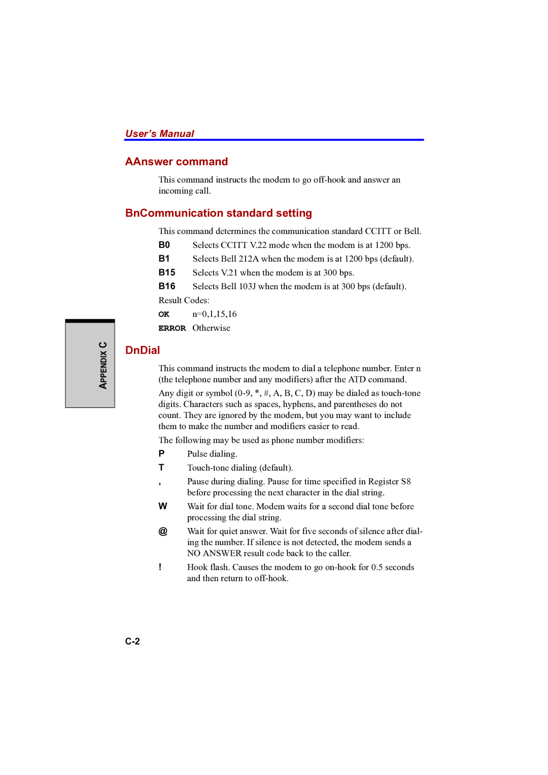 Toshiba A100 user manual AAnswer command, BnCommunication standard setting, DnDial 