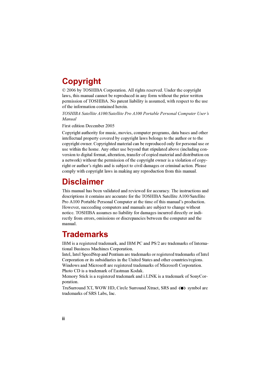 Toshiba A100 user manual Copyright, Disclaimer, Trademarks 