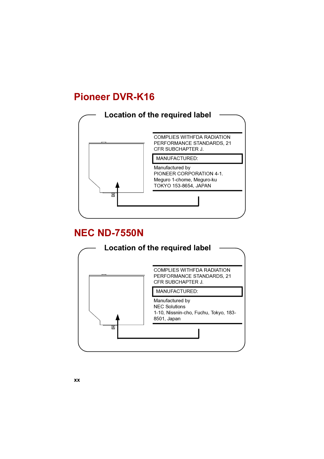 Toshiba A100 user manual Pioneer DVR-K16, NEC ND-7550N 