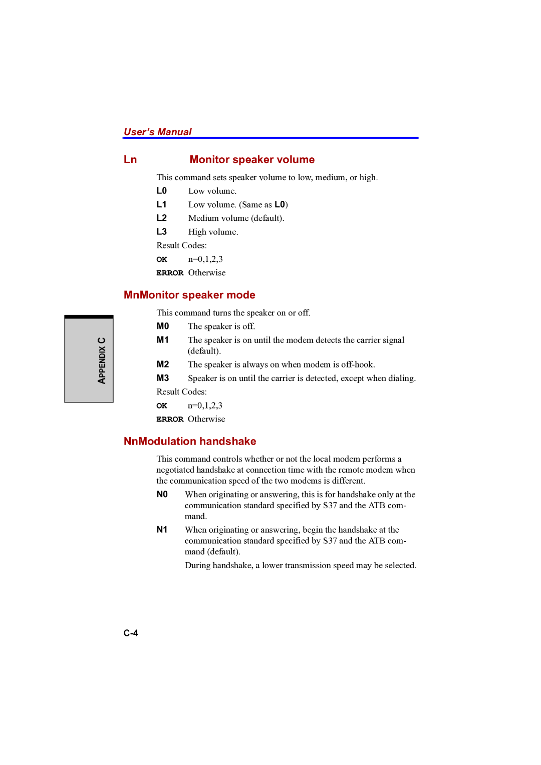 Toshiba A100 user manual Monitor speaker volume, MnMonitor speaker mode, NnModulation handshake 