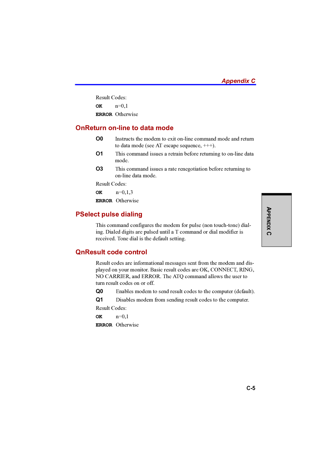 Toshiba A100 user manual OnReturn on-line to data mode, PSelect pulse dialing, QnResult code control 