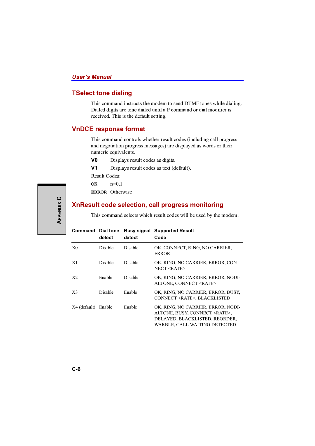 Toshiba A100 user manual TSelect tone dialing, VnDCE response format, XnResult code selection, call progress monitoring 