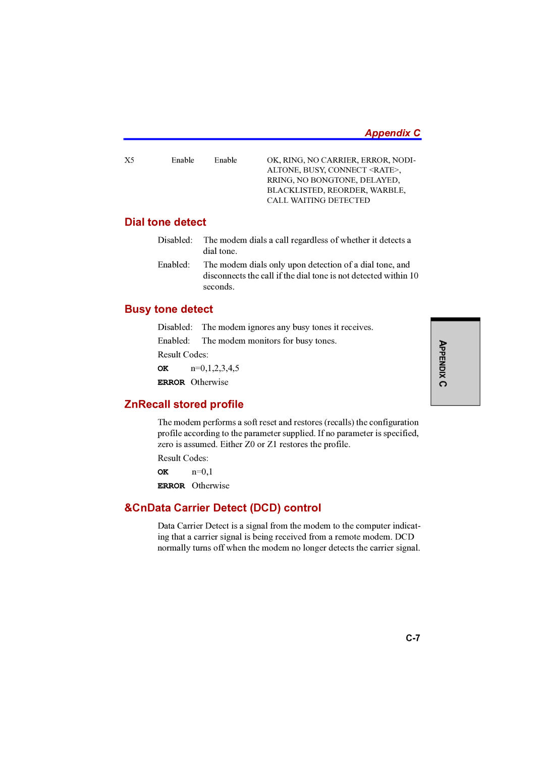 Toshiba A100 user manual Dial tone detect, Busy tone detect, ZnRecall stored profile, CnData Carrier Detect DCD control 