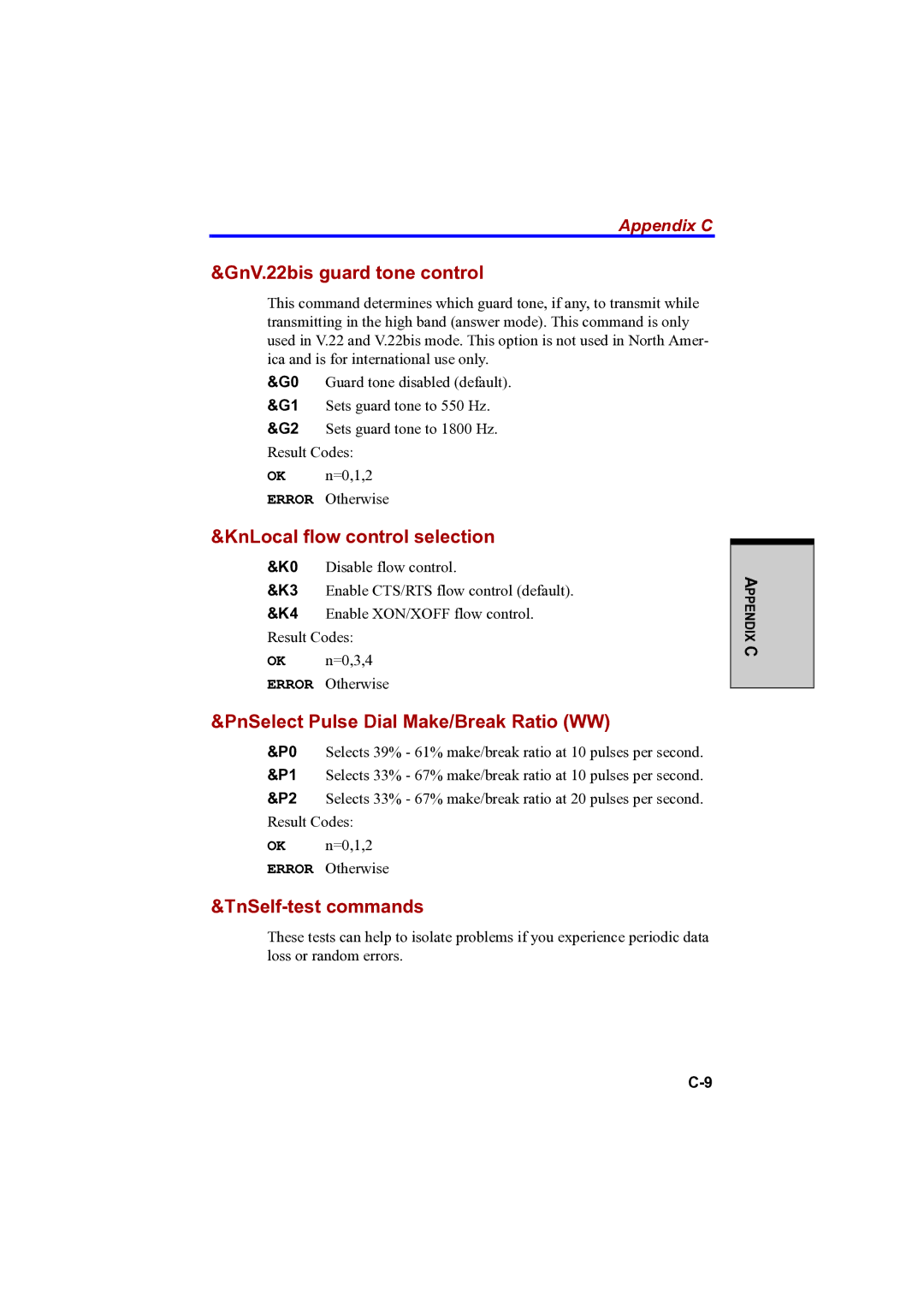 Toshiba A100 GnV.22bis guard tone control, KnLocal flow control selection, PnSelect Pulse Dial Make/Break Ratio WW 