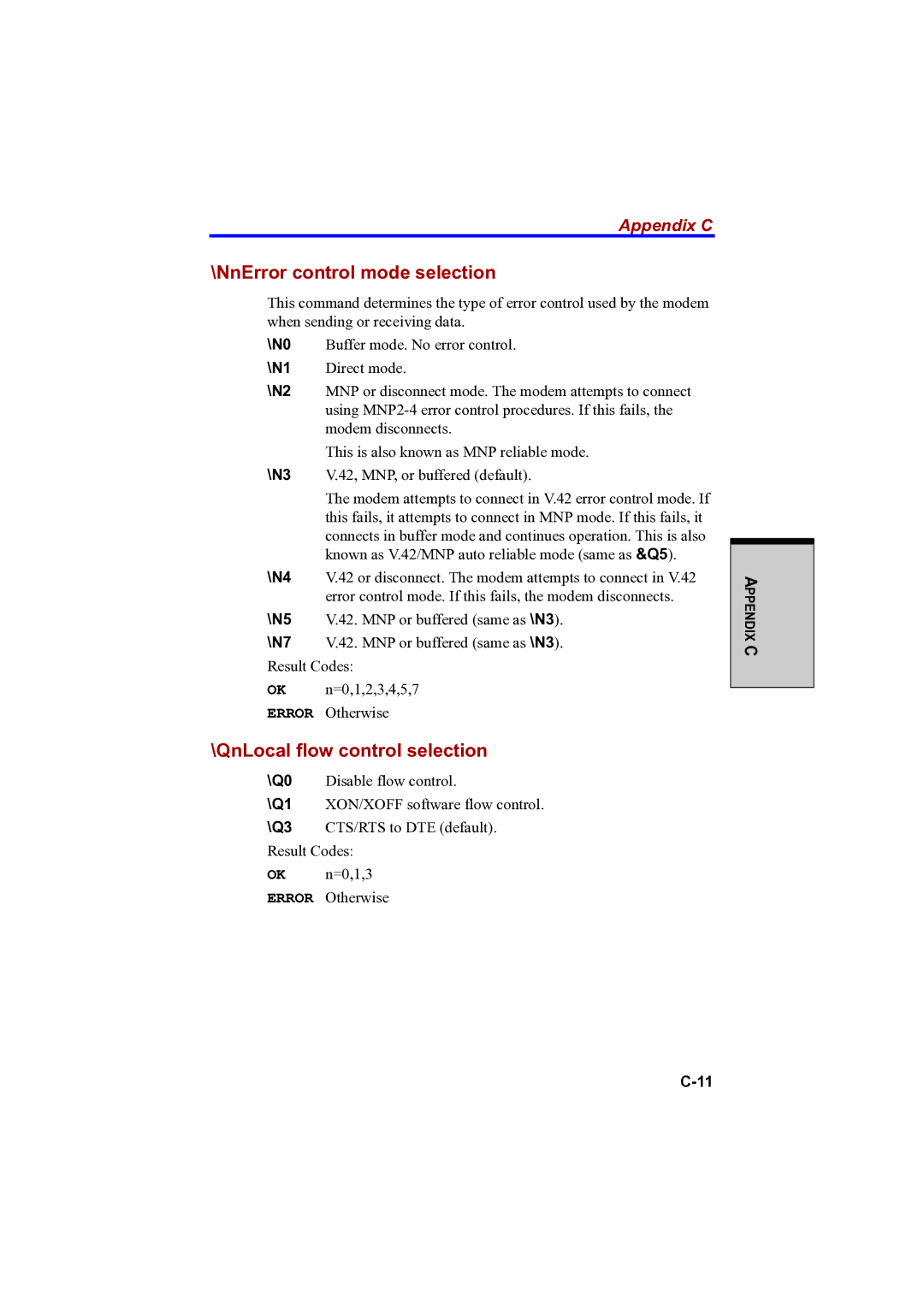 Toshiba A100 user manual NnError control mode selection, QnLocal flow control selection 