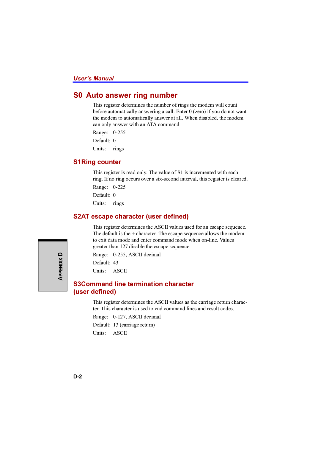 Toshiba A100 user manual S0 Auto answer ring number, S1Ring counter, S2AT escape character user defined 