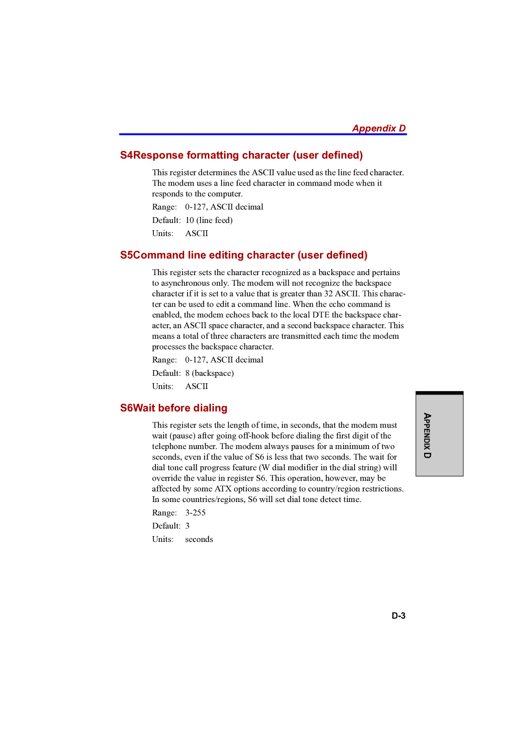 Toshiba A100 S4Response formatting character user defined, S5Command line editing character user defined, Appendix D 