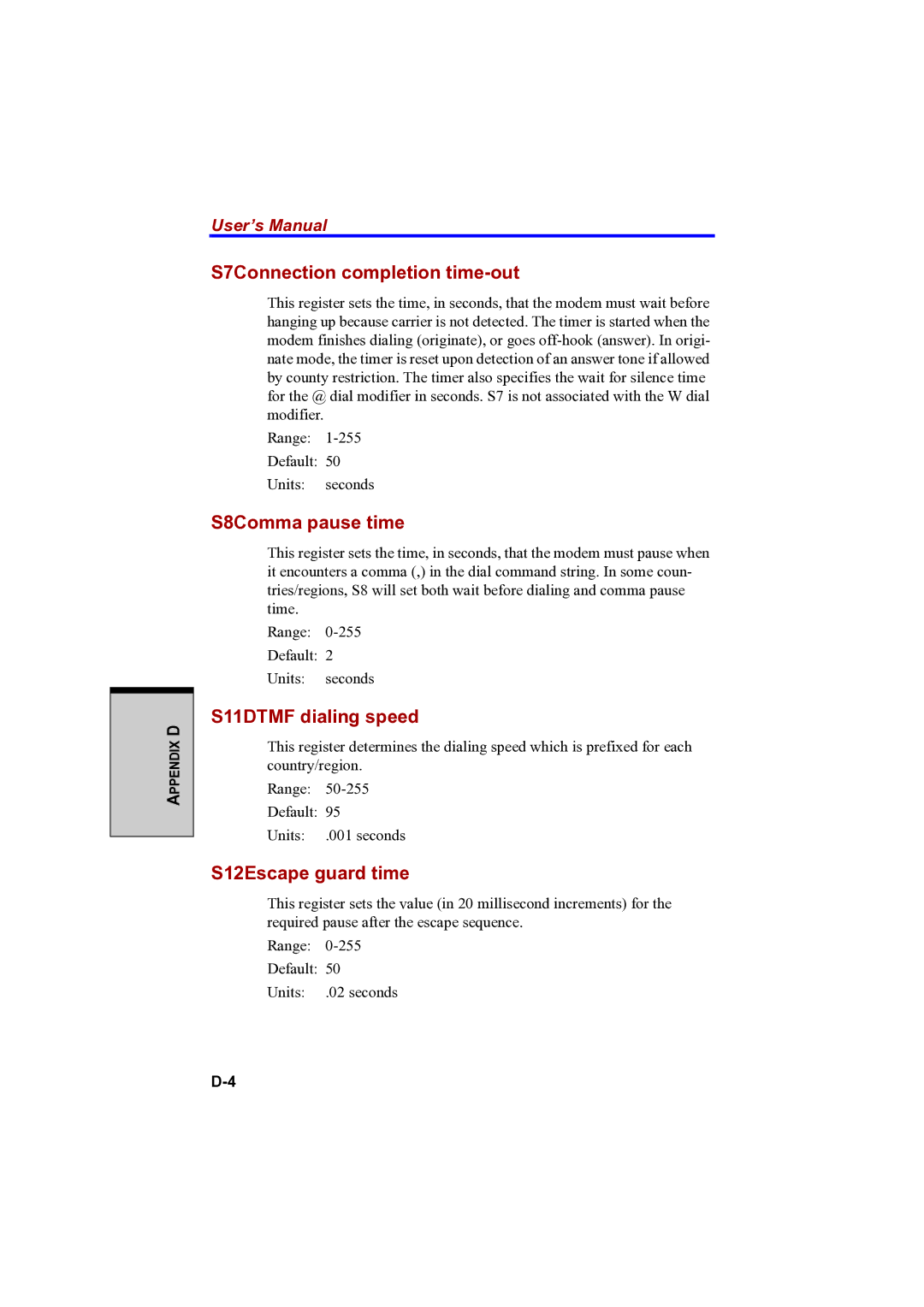 Toshiba A100 user manual S7Connection completion time-out, S8Comma pause time, S11DTMF dialing speed, S12Escape guard time 