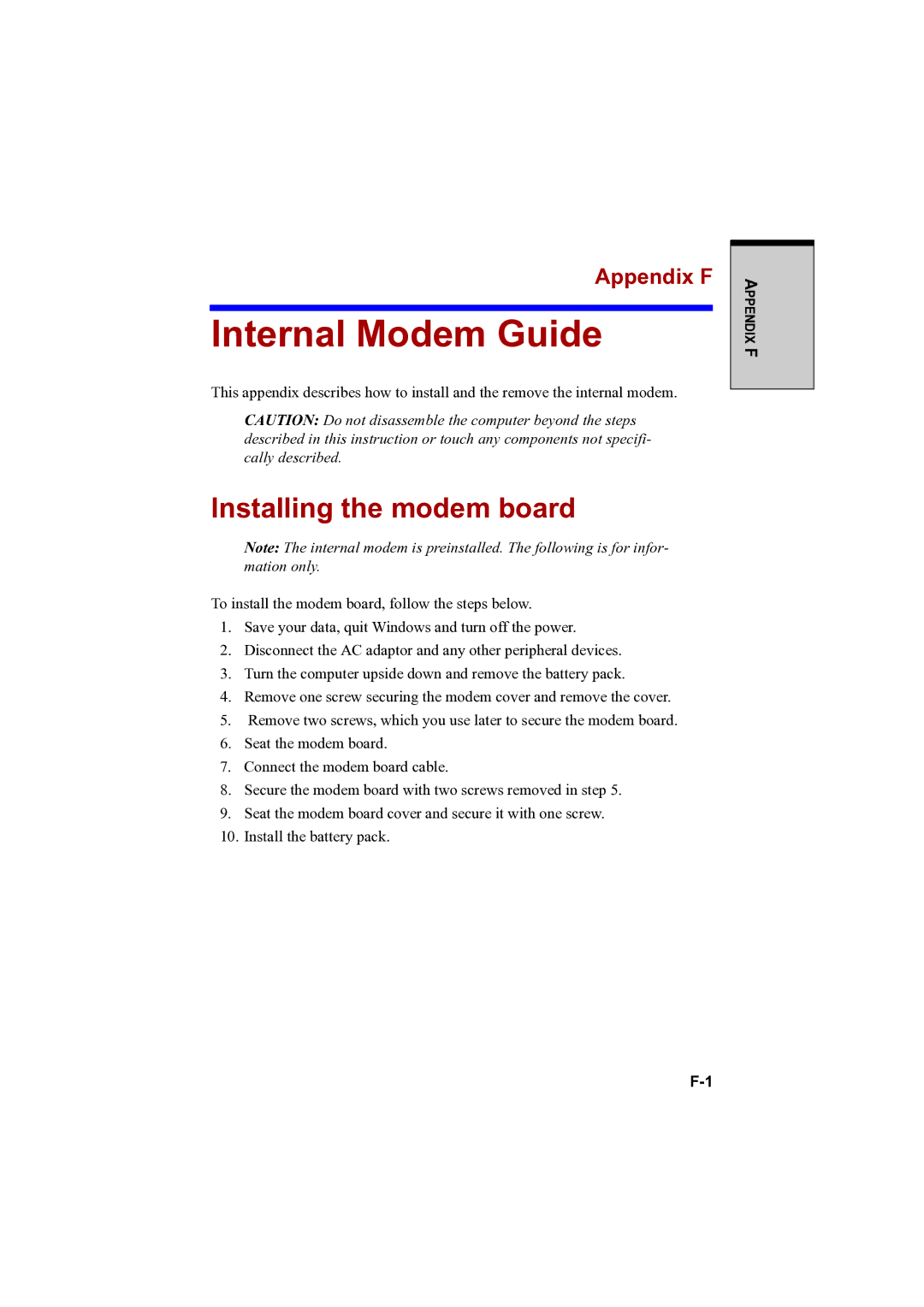 Toshiba A100 user manual Internal Modem Guide, Installing the modem board, Appendix F 