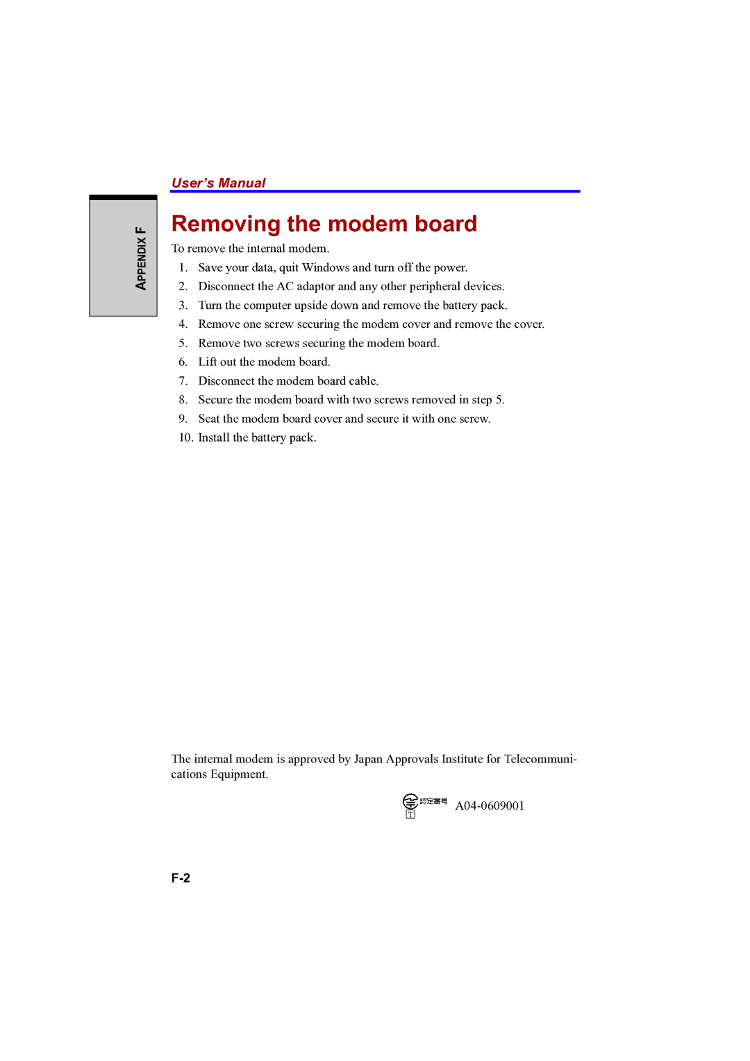 Toshiba A100 user manual Removing the modem board 