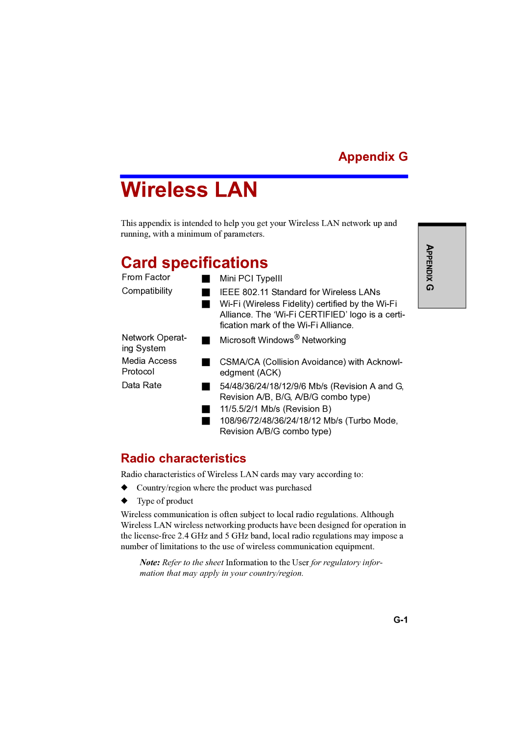 Toshiba A100 user manual Wireless LAN, Card specifications, Appendix G, Radio characteristics 