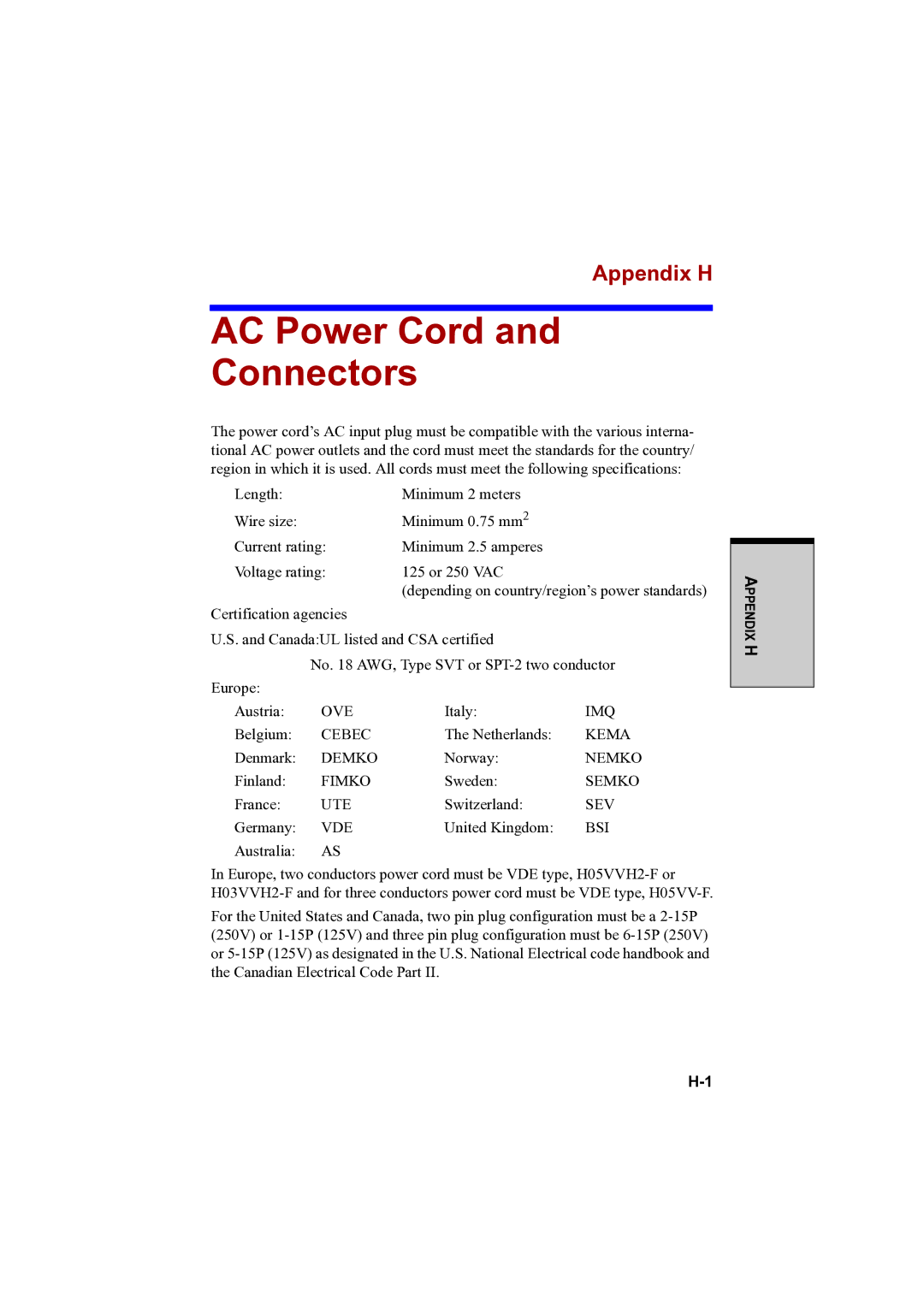 Toshiba A100 user manual AC Power Cord Connectors, Appendix H 