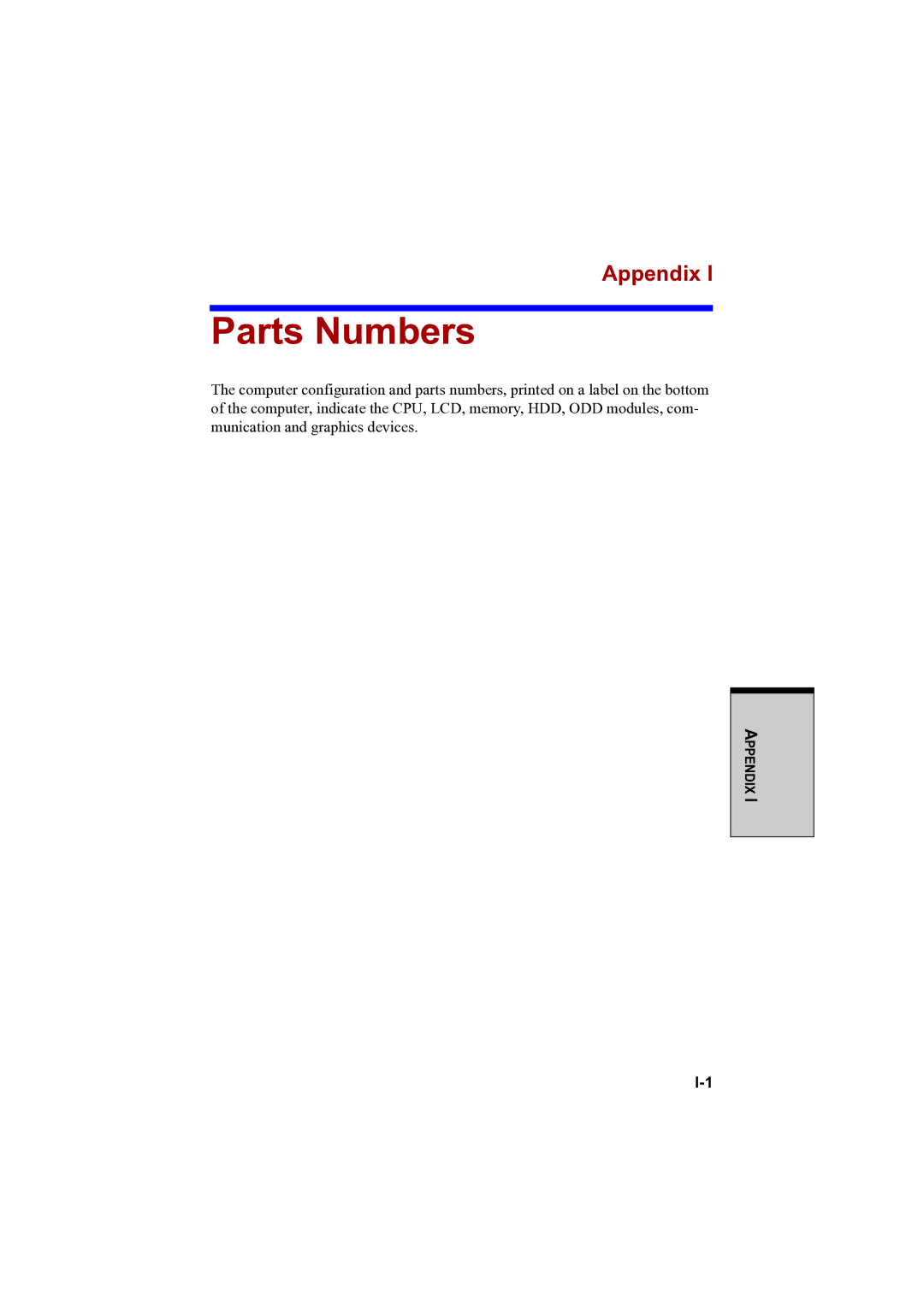 Toshiba A100 user manual Parts Numbers, Appendix 