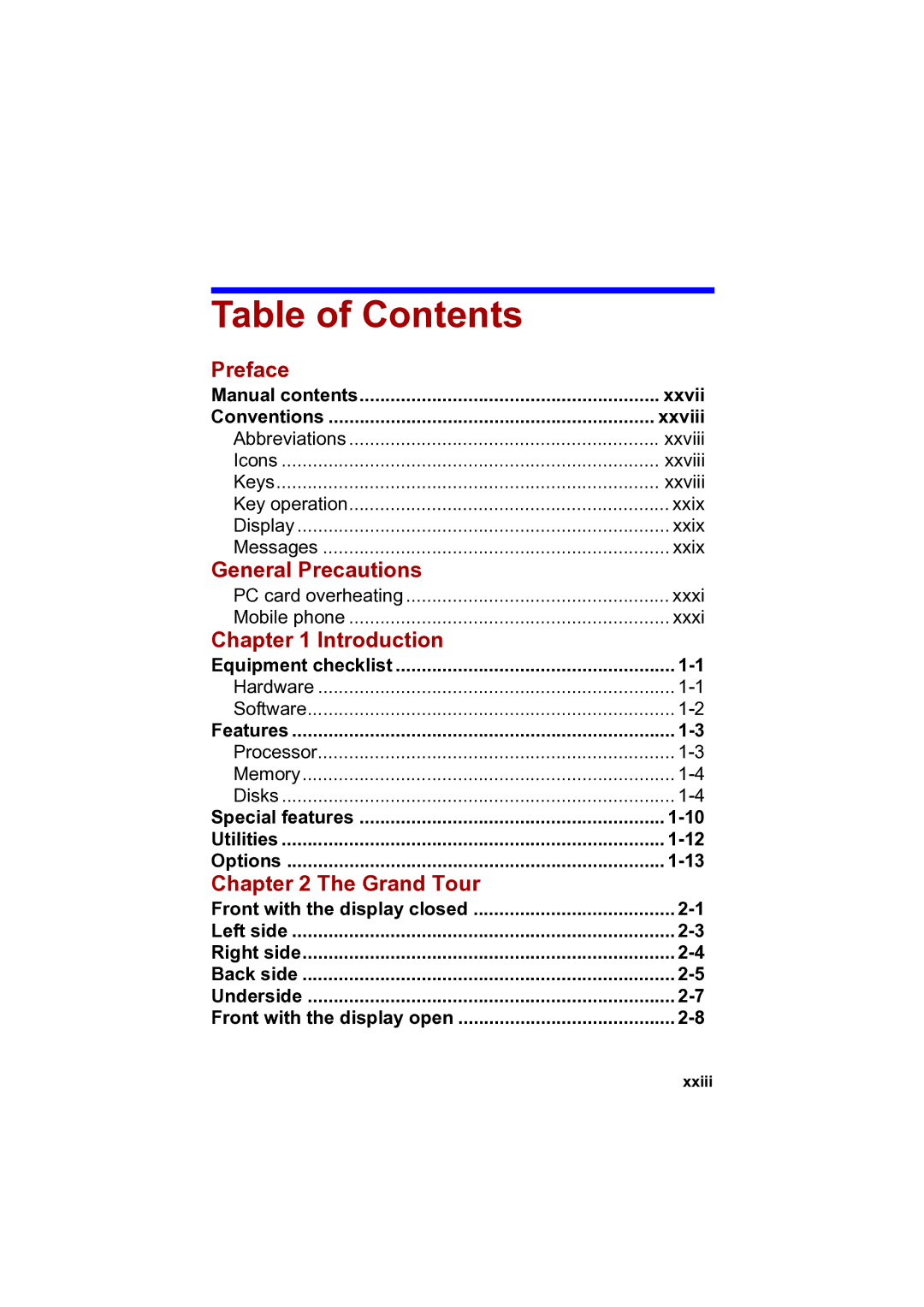 Toshiba A100 user manual Table of Contents 