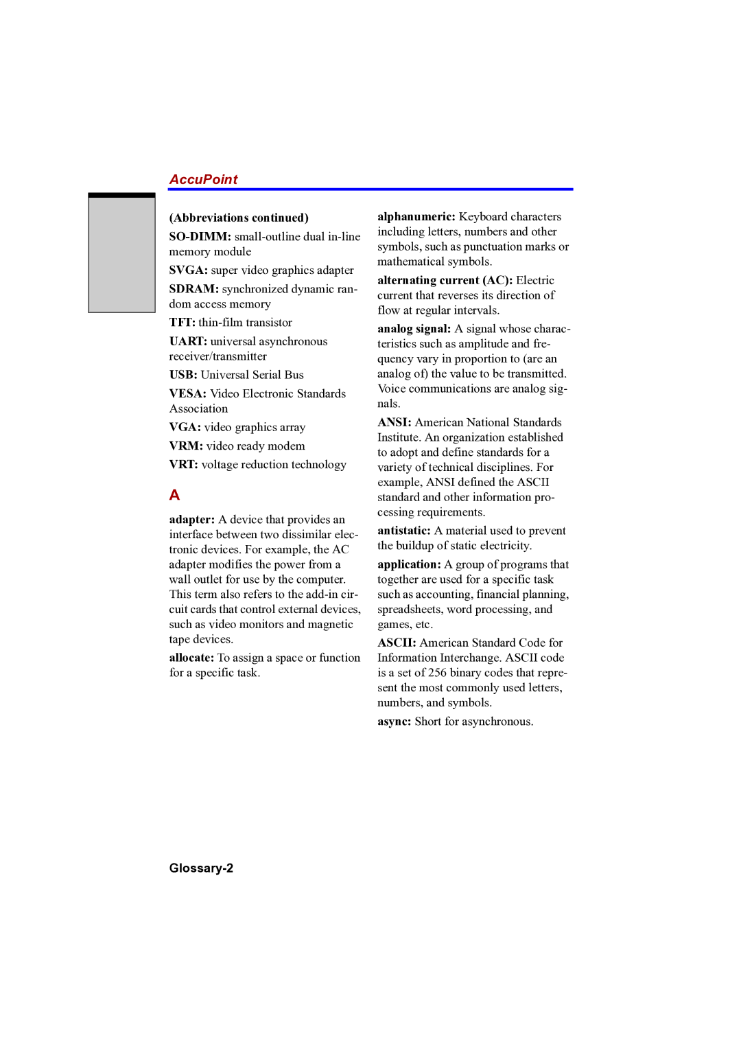 Toshiba A100 user manual AccuPoint, Glossary-2 