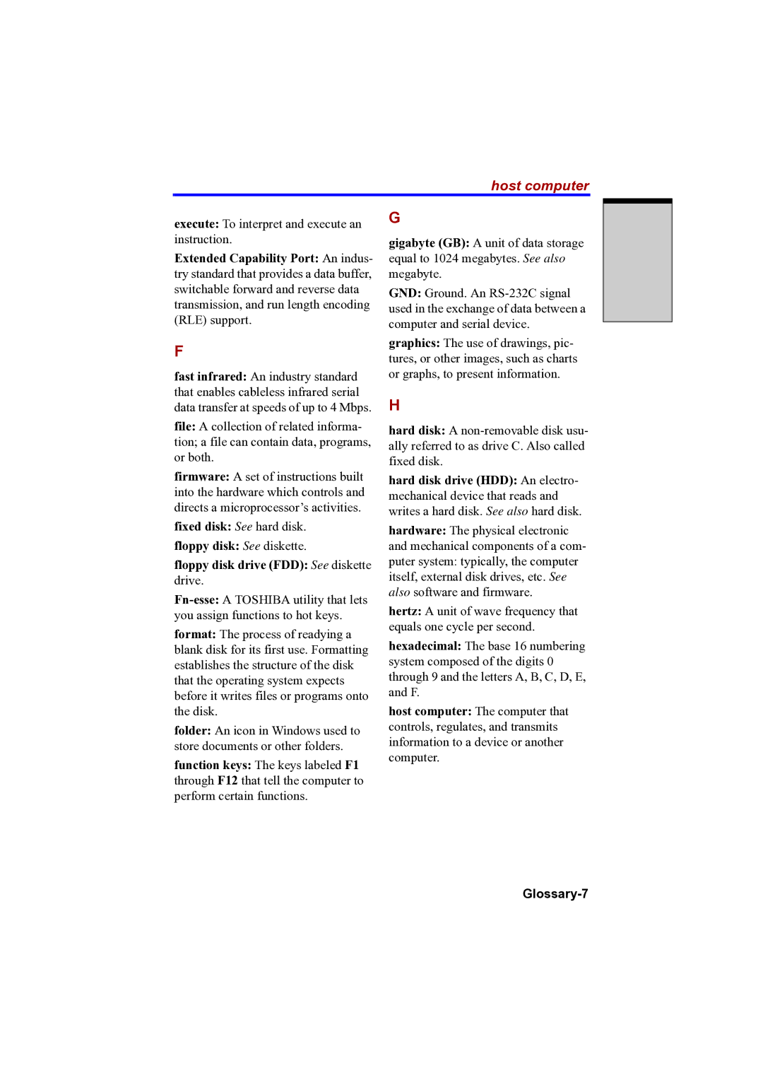 Toshiba A100 user manual Host computer, Glossary-7 