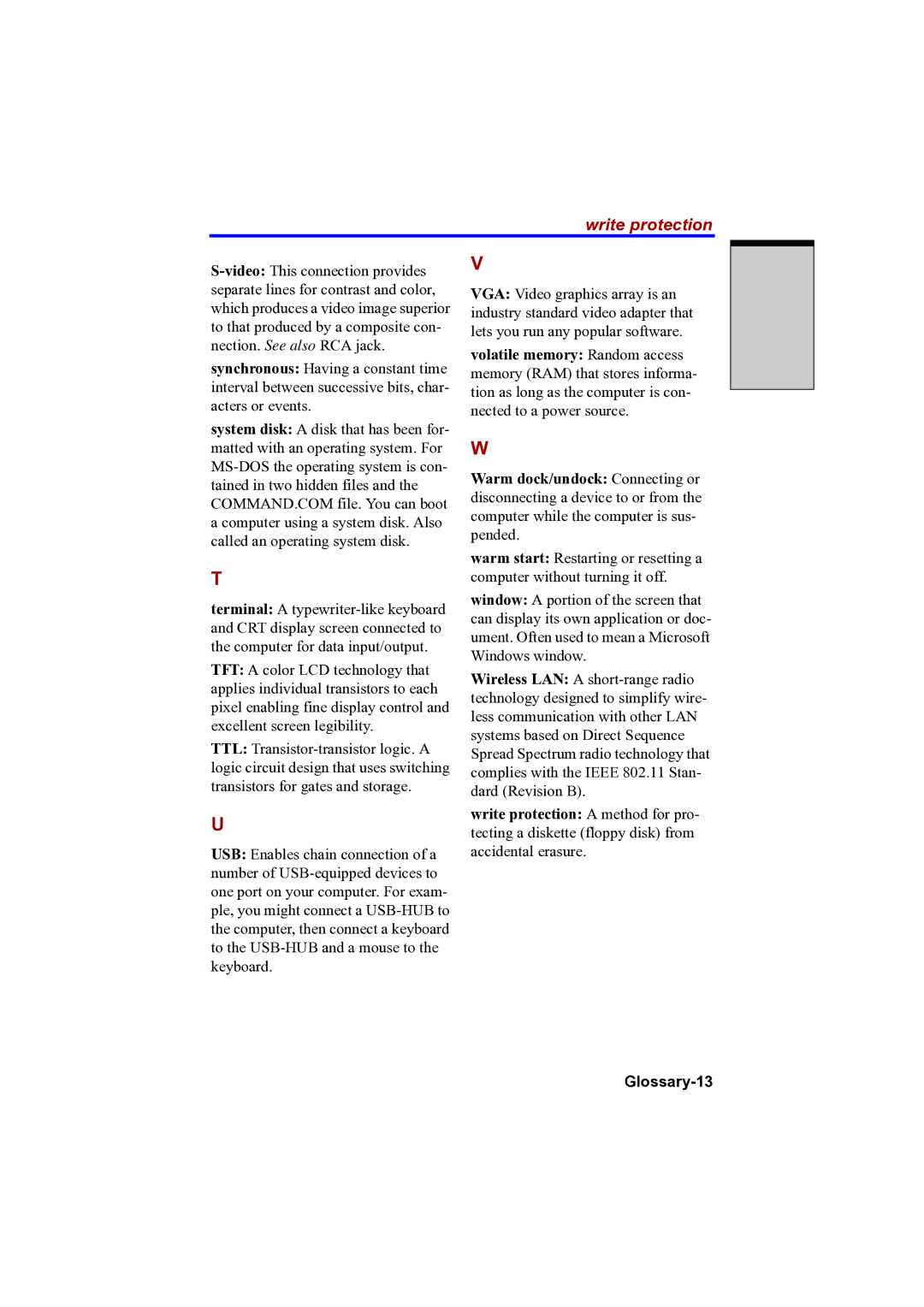 Toshiba A100 user manual Write protection, Glossary-13 