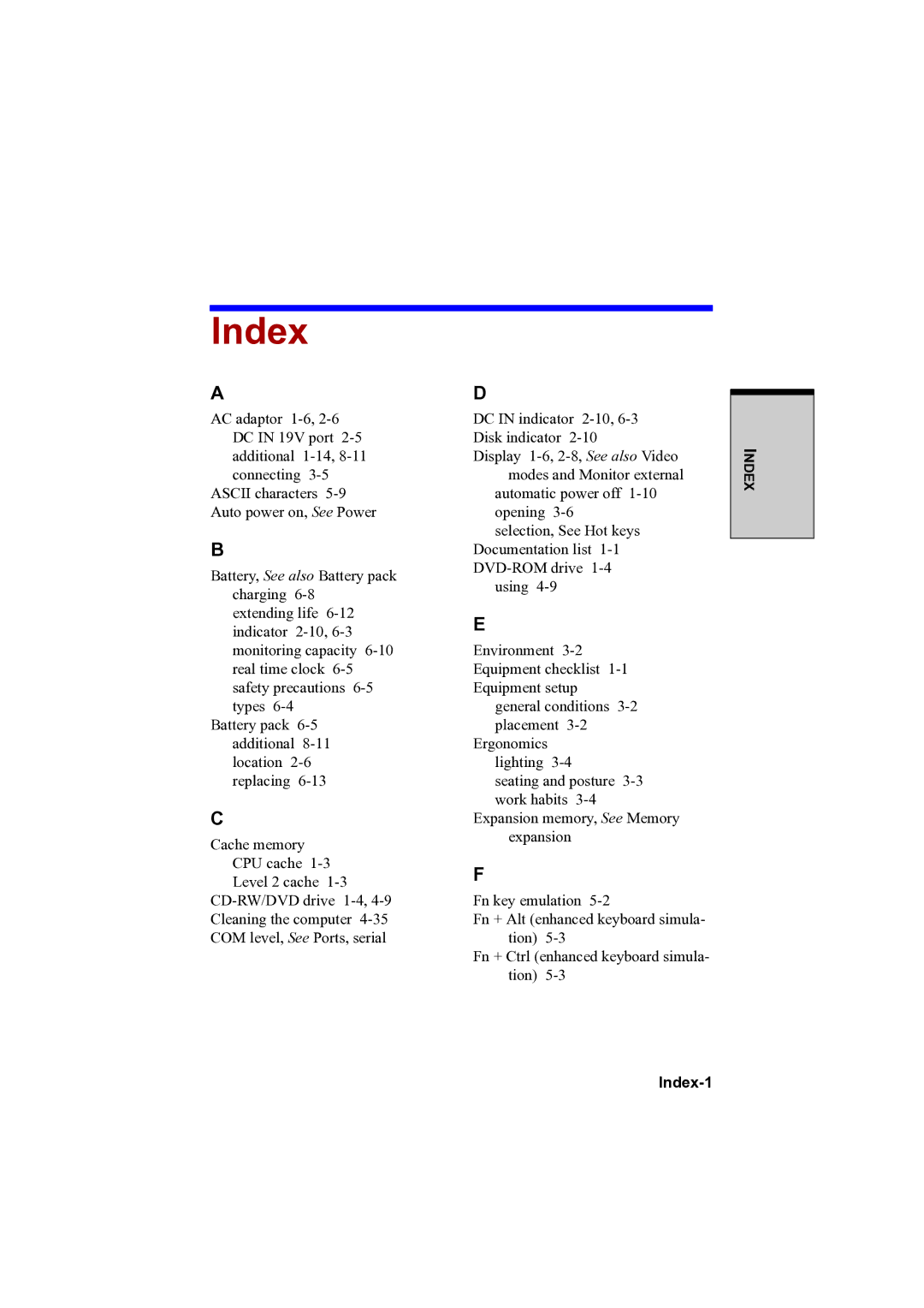 Toshiba A100 user manual Index-1 