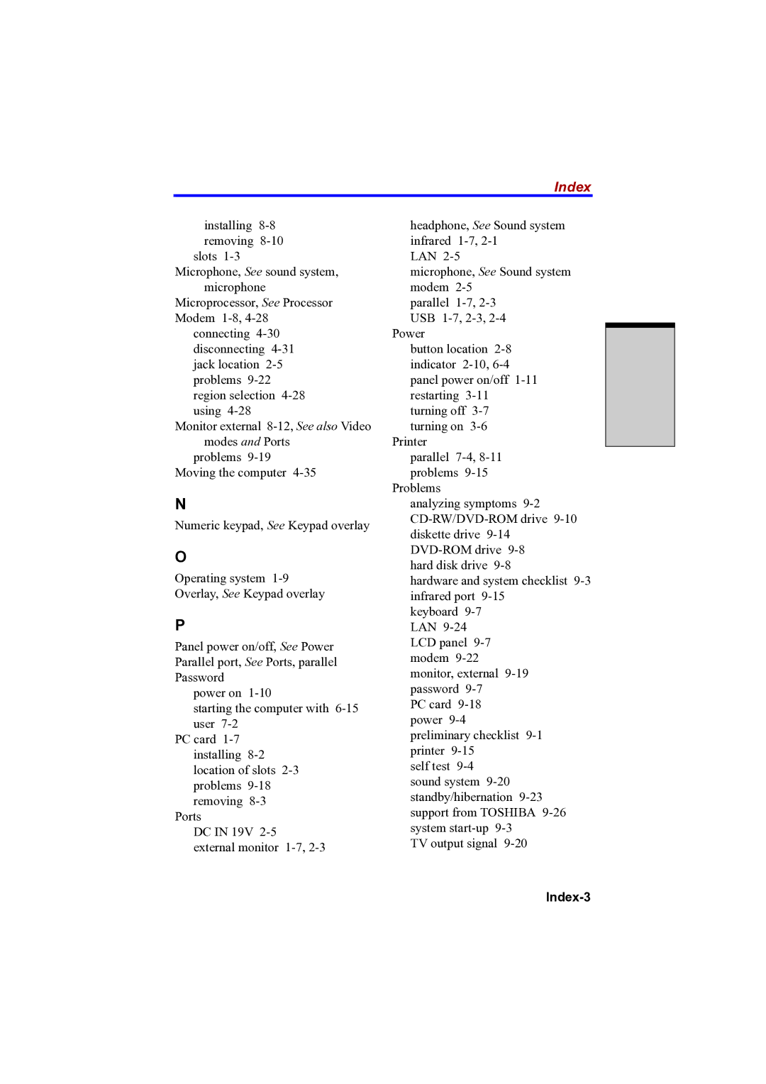 Toshiba A100 user manual Index-3 