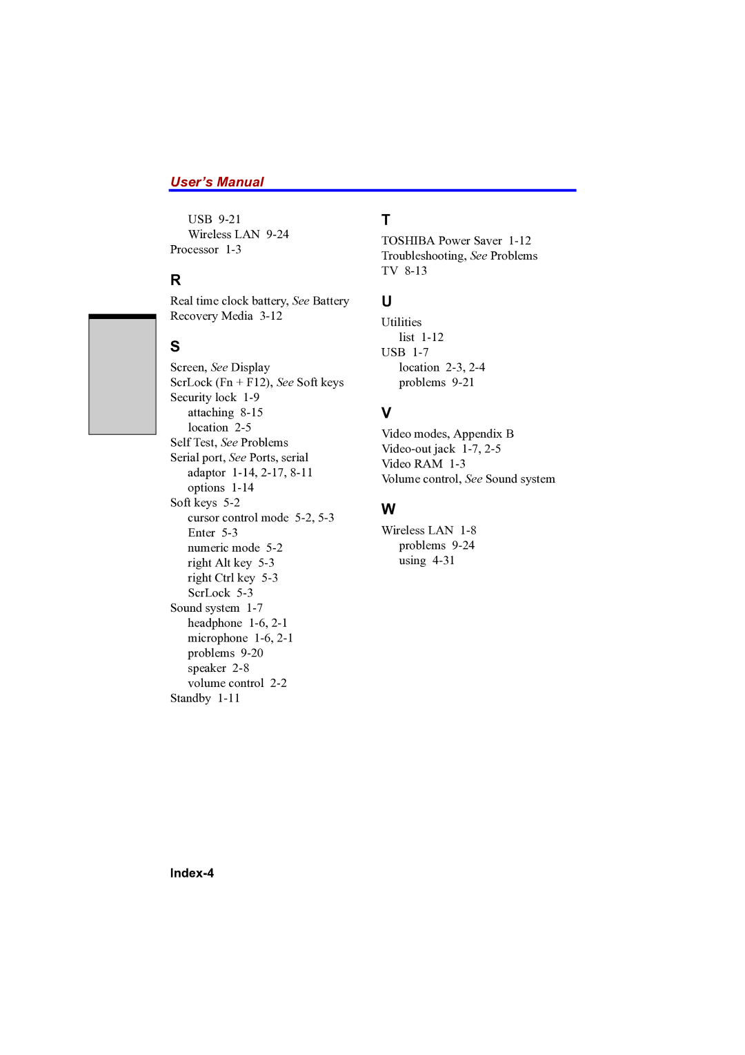 Toshiba A100 user manual Index-4 